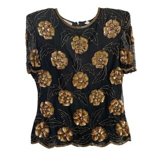 VTG Stenay Sequin Beaded Silk Top Womens Black and Gold Floral Women's Top Sz 18